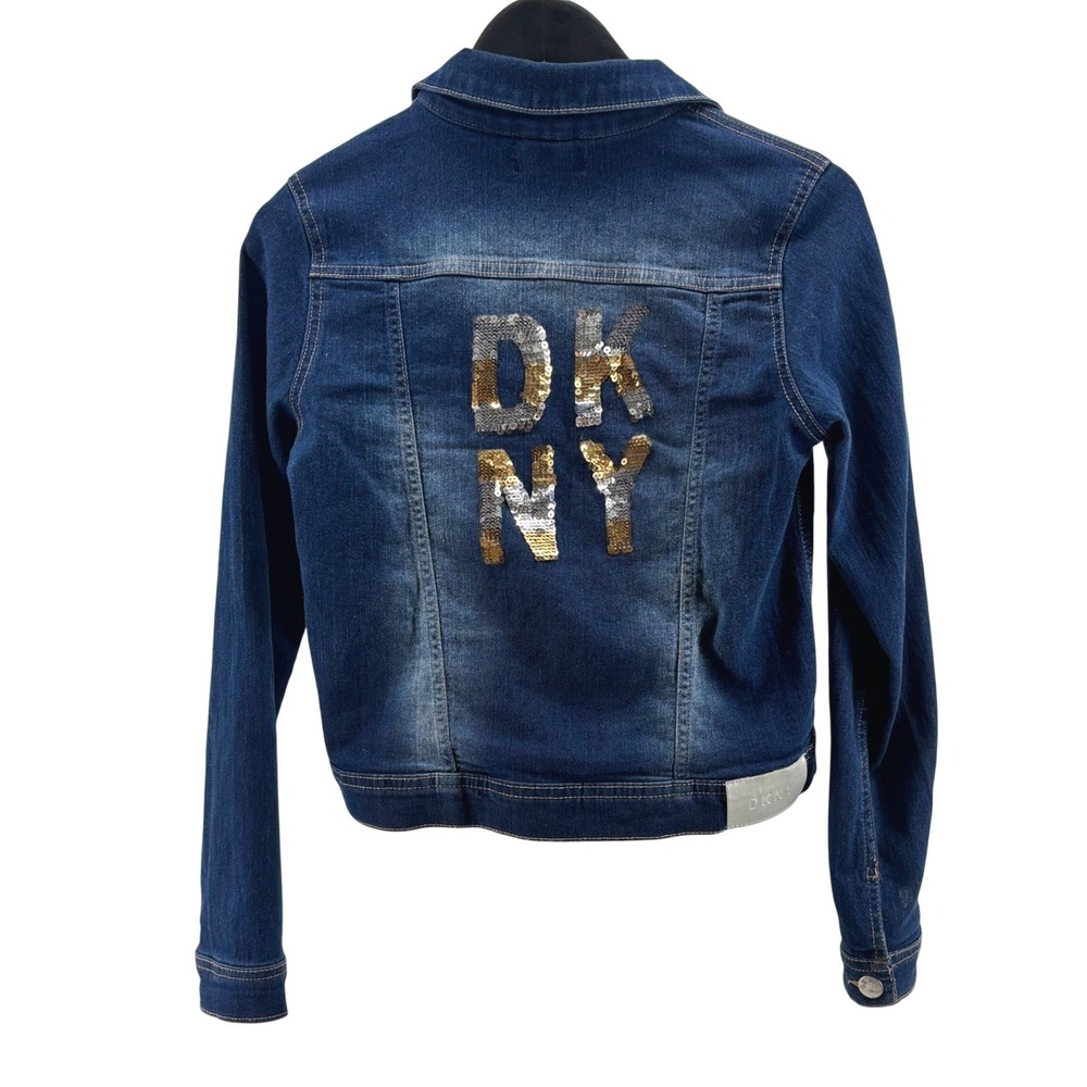 DKNY Girls Denim Jacket XL 14/16 Dark Wash Sequin Heart Logo Trucker Coat